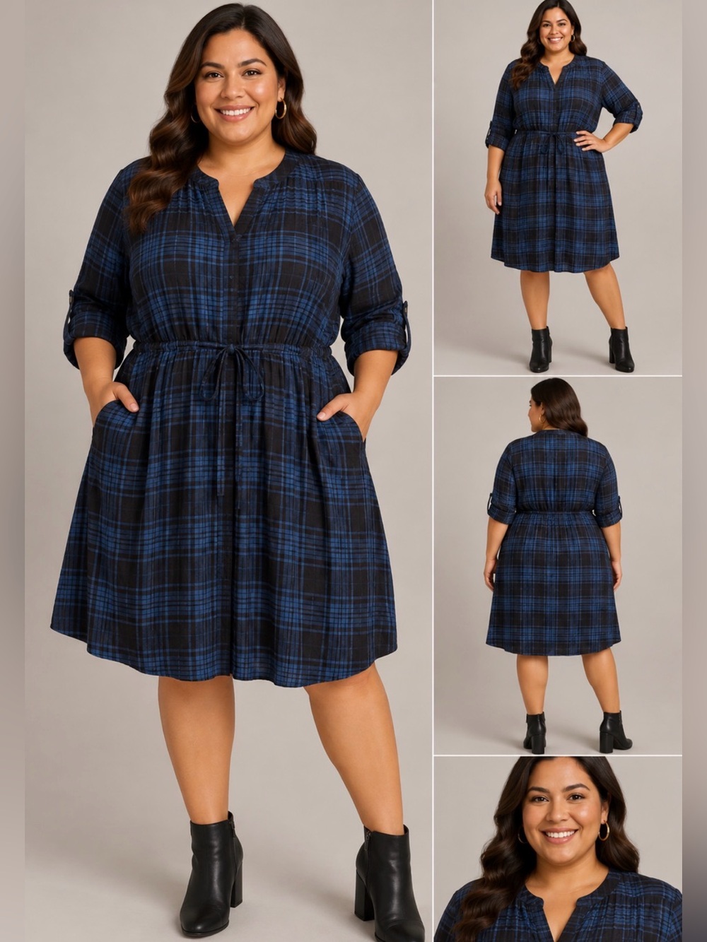 Lane Bryant Blue and Black Plaid Long Sleeve Drawstring Shirt Dress